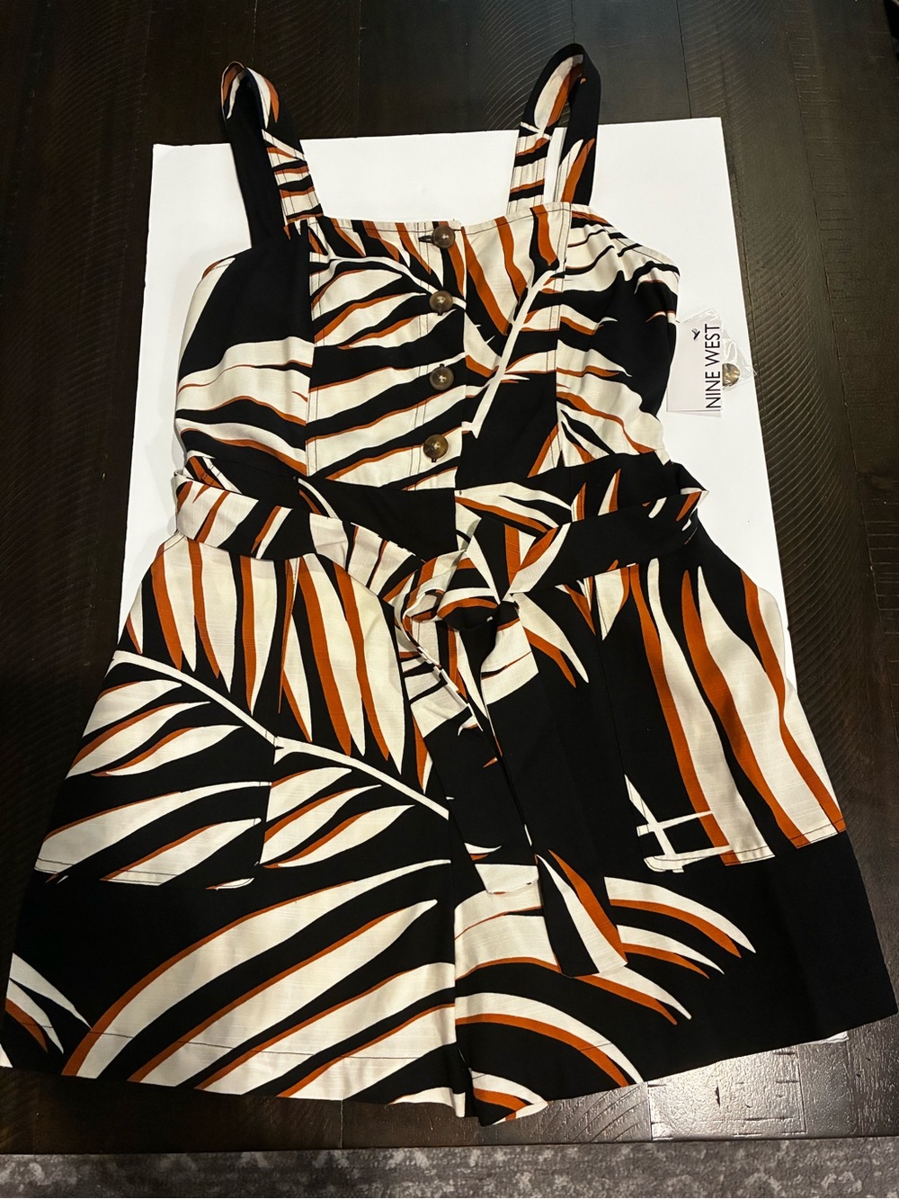 Nine West Black White & Rust Palm-Print Tie-Waist Romper Women’s L